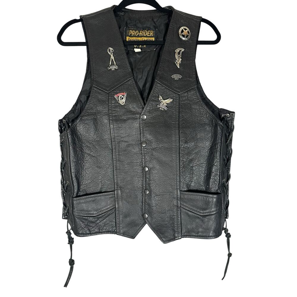 Vtg Genuine Leather Pro Rider Laced Motorcycle Vest Sz 40 Laconia NH 90s‎ Y2K